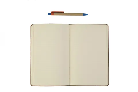 An open ruled notebook with a ballpoint pen resting above it